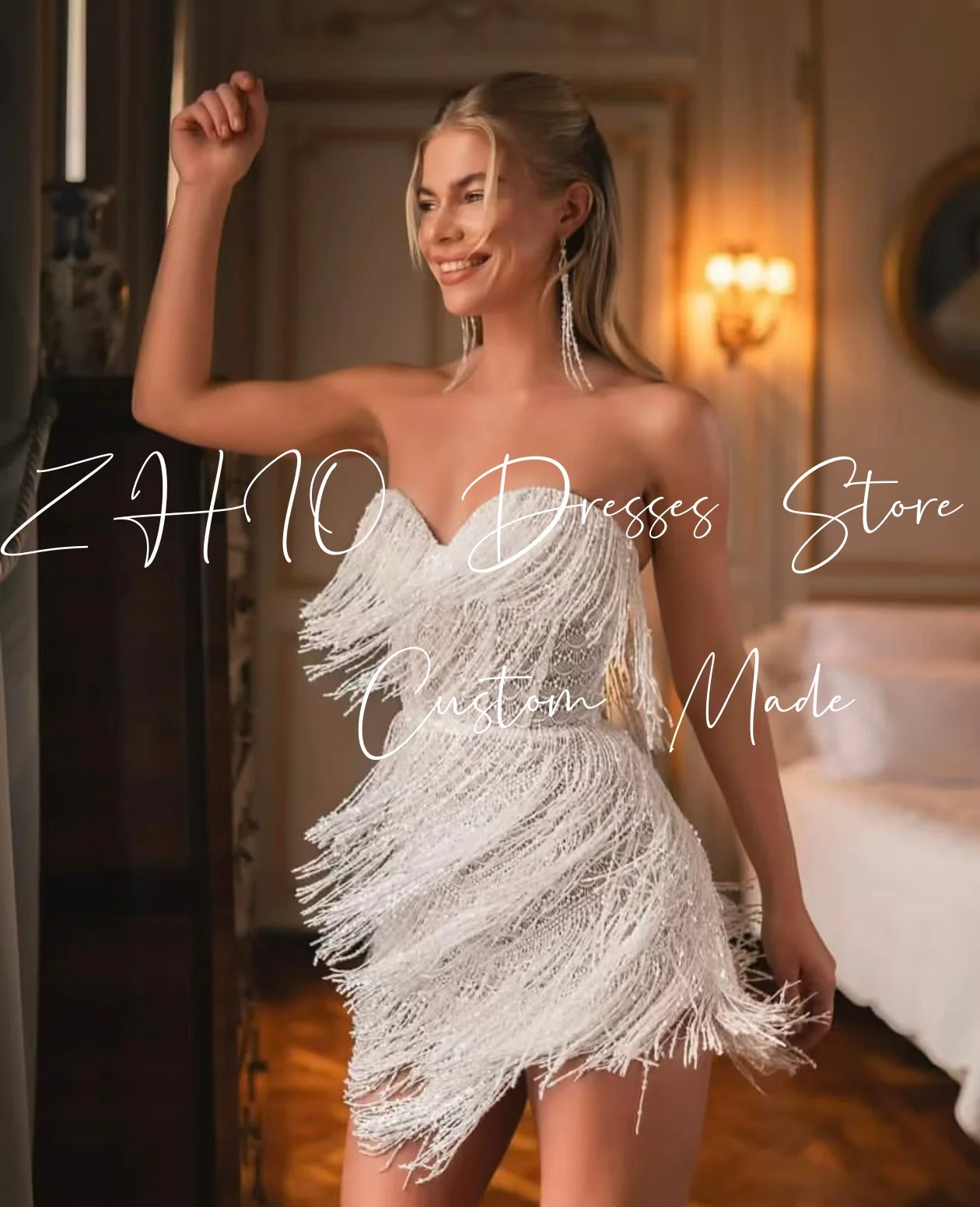 

ZHIO Exquisite Short Celebrity Party Dresses Strapless Beads Pearls Mini Special Occasion Prom Cocktail Dress Bridal Gown Custom