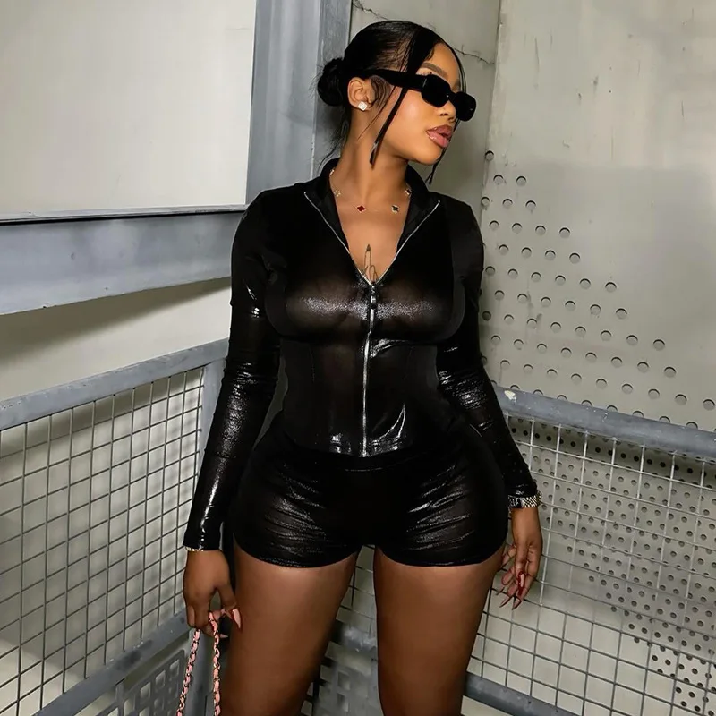 Bright Black Women Two Piece Set 2024 Spring New Long Sleeve Turn-down Collar Zipper Crop Tops Elastic Waist Shorts Streetwear