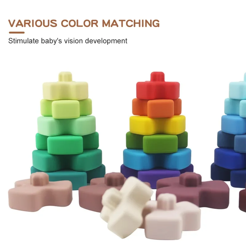 

Baby Silicone Building Block Infant Montessori BPA Free Cartoon Flower Shaped Stacking Soft Block Kids Silicone Teething Toys