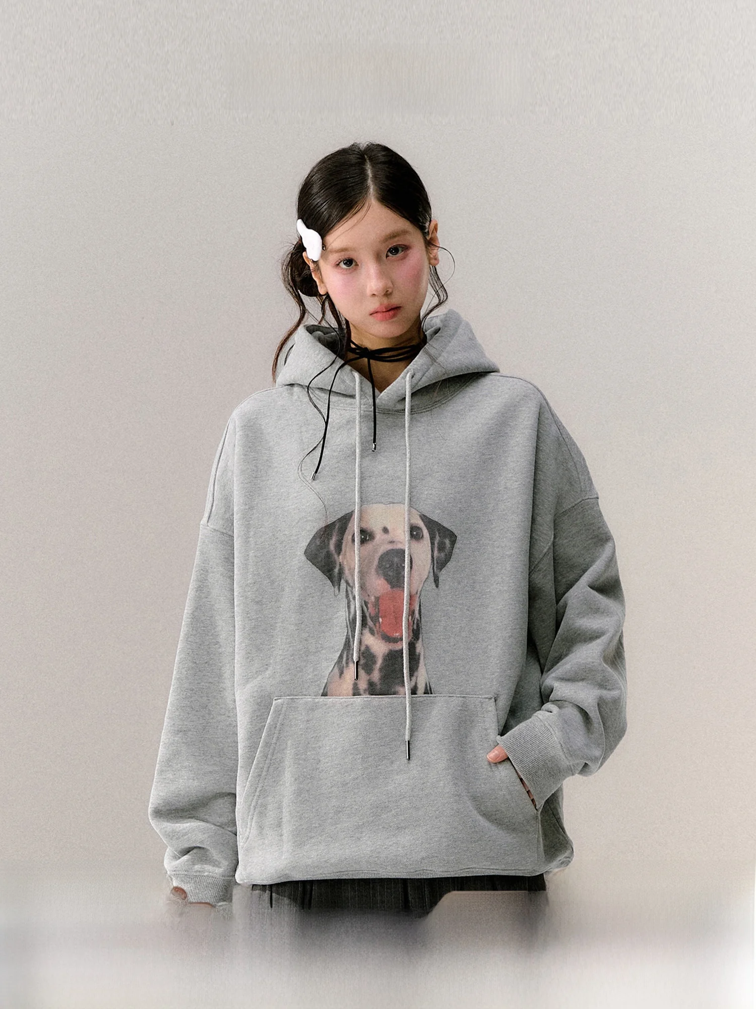 Guukahero Grey Dog Print Hoodie Women's Spring Loose Fit American Style Long Sleeve Crew Neck Sweatshirt Casual Wear