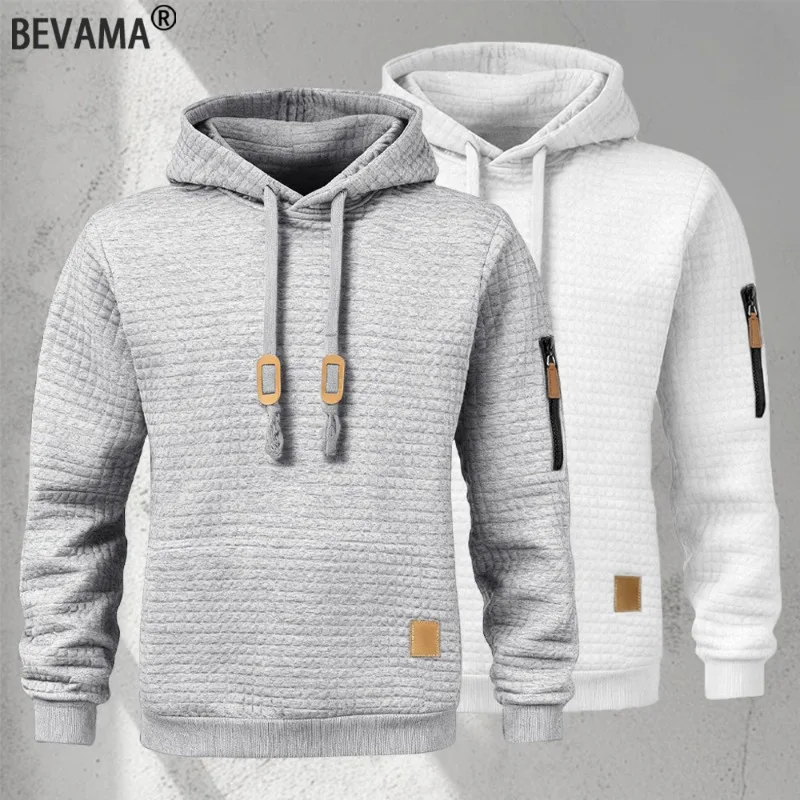 2026 Autumn New Men's Waffle Knit Hoodie Long Sleeve Solid Color Warm Pullover Casual Outdoor Sports Sweatshirt
