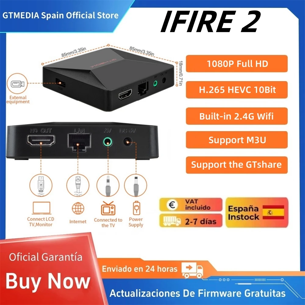 GTMEDIA Ifire 2 M3U TV Box 1080P FHD,H.265 HEVC 10bit,Built-in 2.4G Wifi Ethernet MPEG-4 Media Player Set Top Box Stock in Spain