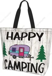 Happy Camper Women Shopping Shoulder Handbag Hiking Picnic Camper Tote Bag Reusable Shopping Bag Print Pattern One Size