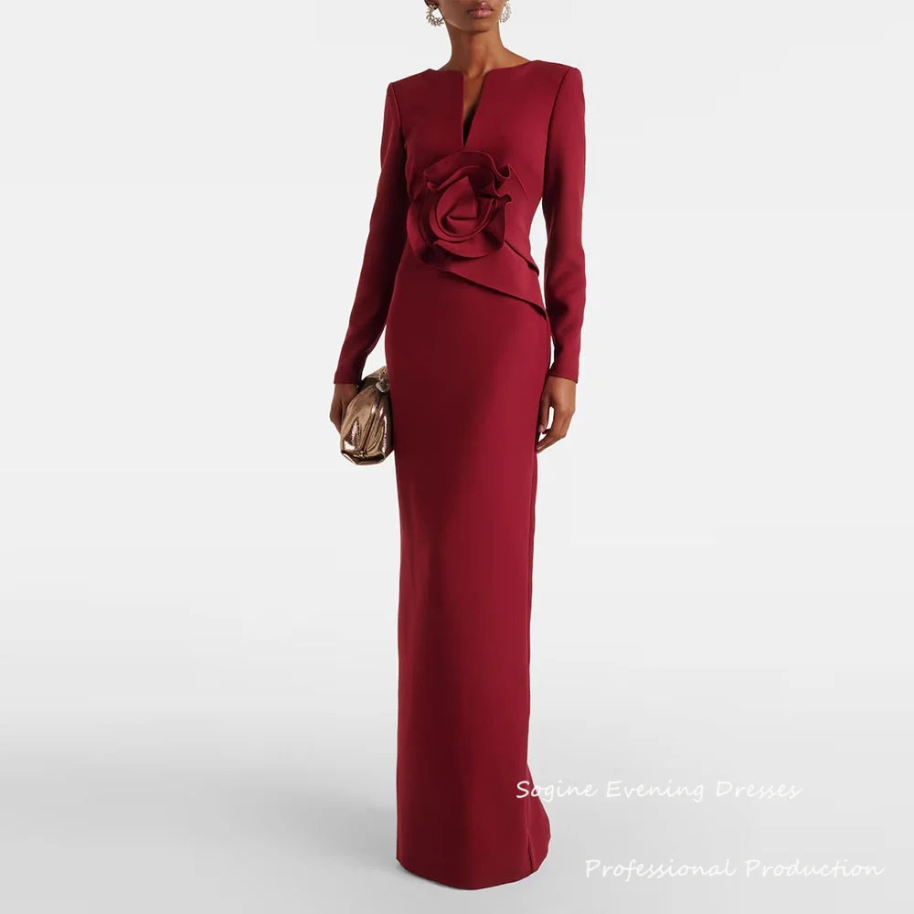 

V-Neck Crepe Customized Evening Dresses With 3d Flower Mermaid فستان سهرة نسائي Long Sleeve Bodice Prom Dress