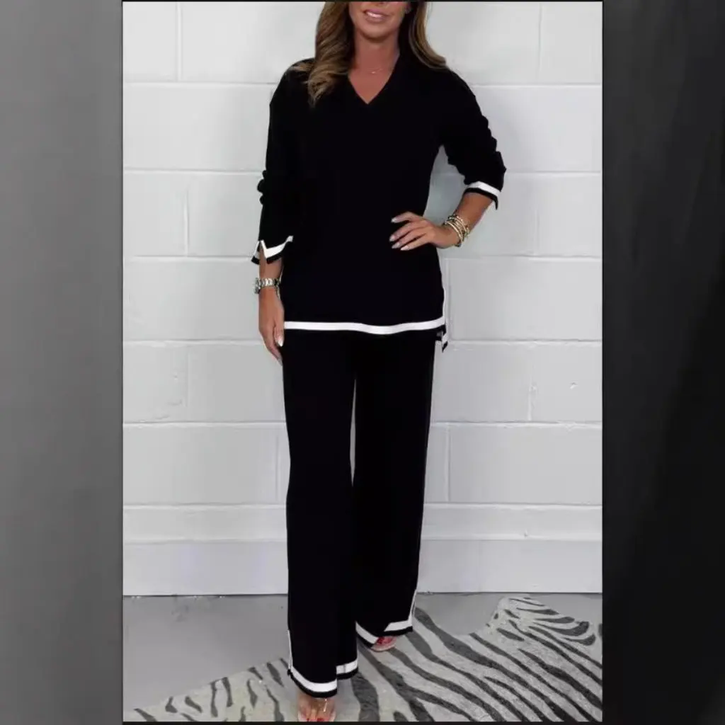 Traje de pantalones de punto de otoño e invierno para mujer, conjunto superior e inferior de manga larga con temperamento informal de Color sólido para estación independiente