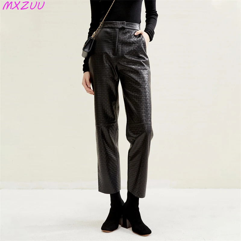 Harajuku Leather Pants for Women Autumn Winter Slanted Pockets Embossing Design Natural Sheepskin Ankle Style Straight Trousers