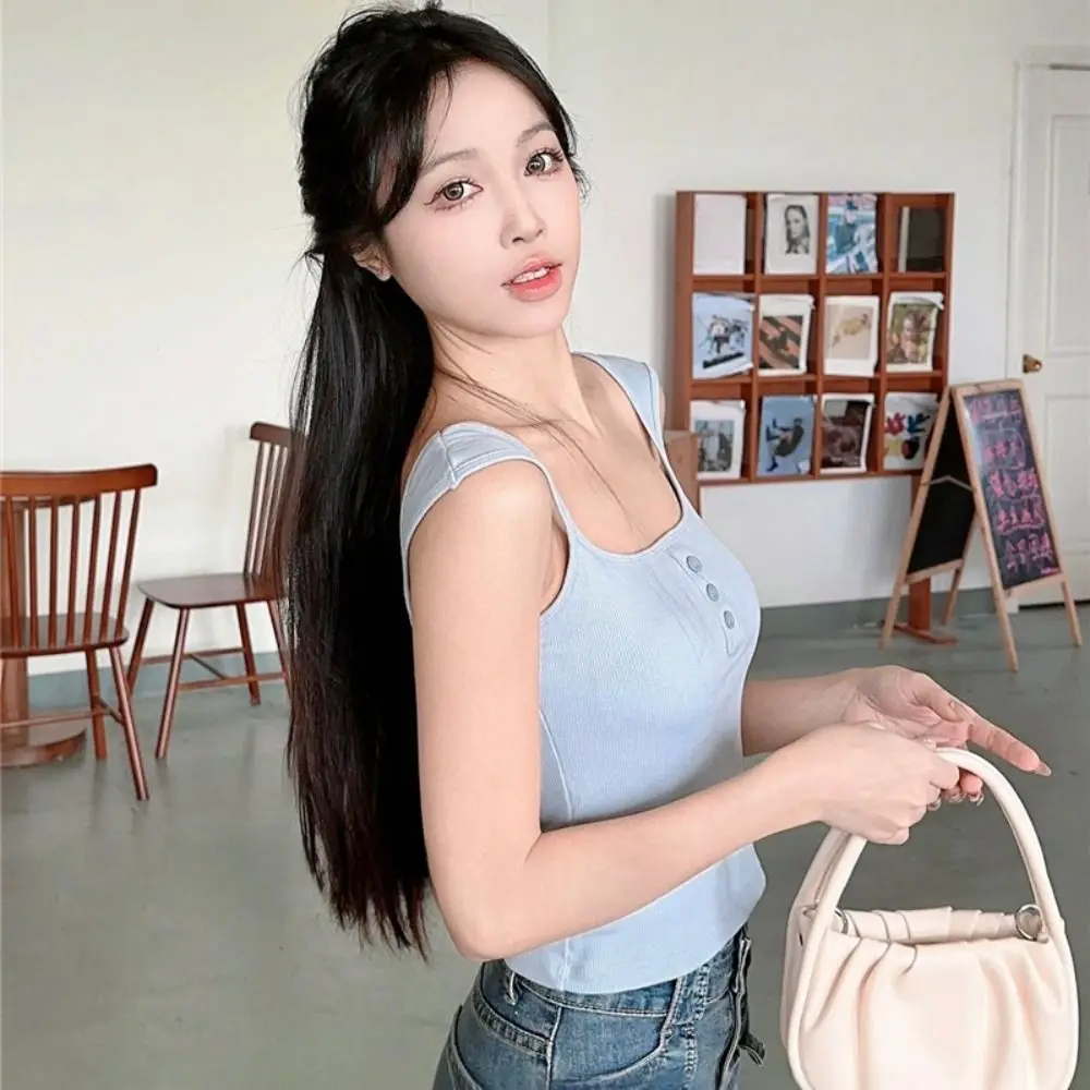 

Ins Square Neck Sleeveless Crop Top Vest Simple Sweet Girl's Tank Top Slim Fit Female Clothing Camisole with Pads Women
