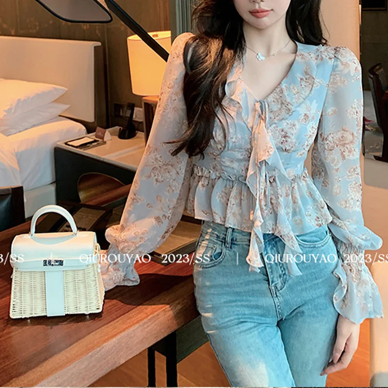 Spring Summer Printing Fashion Long Sleeve Blouse Women Edible Tree Fungus Pleated Pullovers Ruffles Patchwork All-match Tops