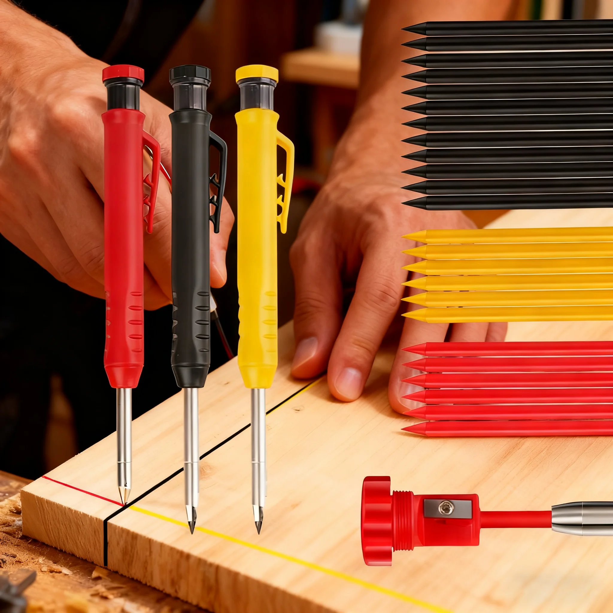 

Woodworking Scribing Pen with Built-in Sharpener and Refill Lead Professional Deep Hole Marking Adjustable Pencil Tool