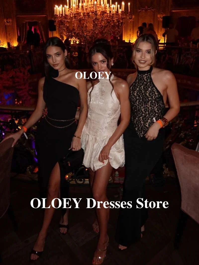 OLOEY Elegant Printed Mini Short Prom Party Dresses Women High Neck Classic Cocktail Dress Formal Event Gowns Wedding Ivory