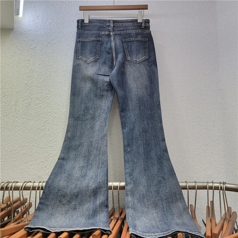 HKSH 2026 Spring New Women's Flare Jeans Embroidery Studded Diamonds Retro Denim Slimming Elegant Chic Y2K Vintage Pants HK19097