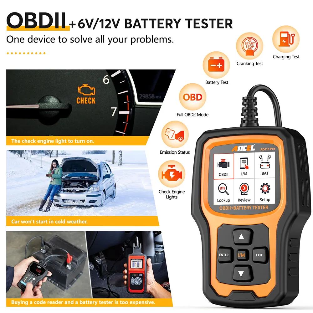 ANCEL AD410 PRO OBD2 Scanner 6V 12V Car Battery Tester 2 in1 Car Diagnostic Scanner Battery Load Tester Check Engine Code Reader