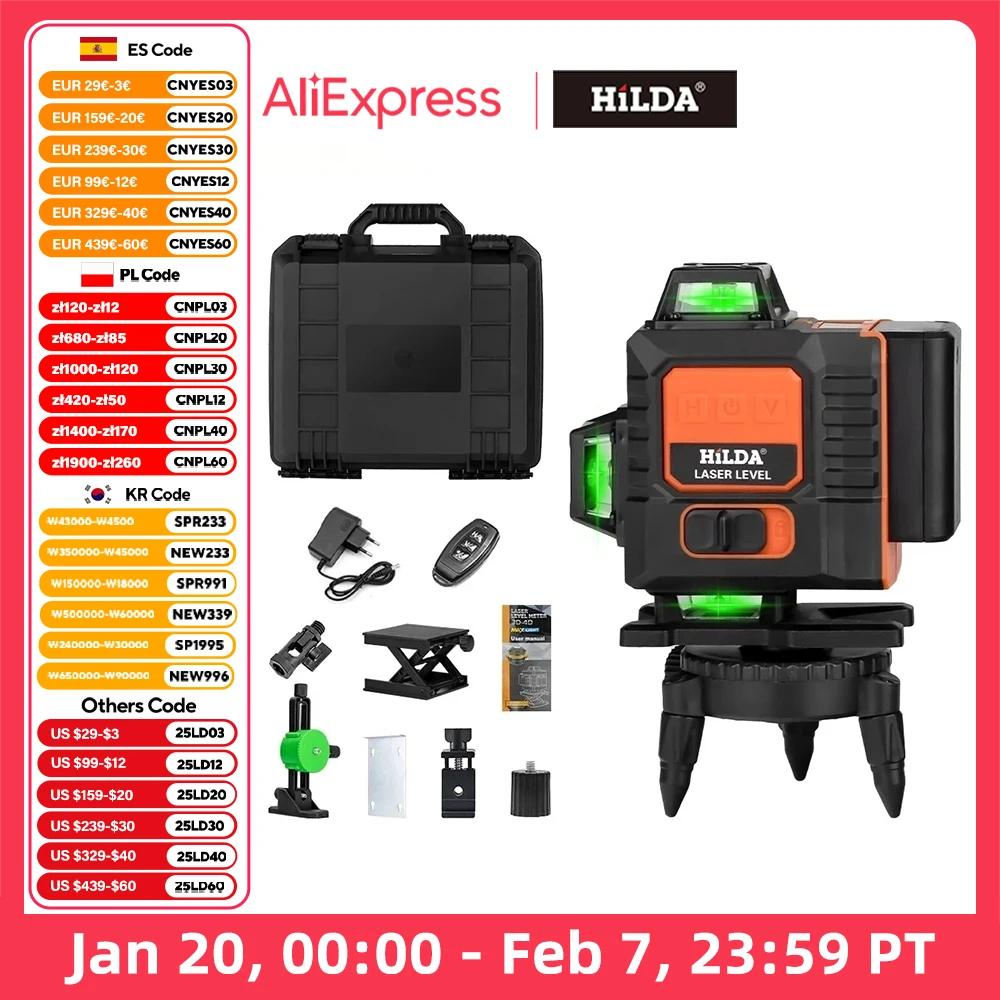 HILDA 4D 16 Lines Laser Level With Battery Display  Self-Leveling 360 Horizontal And Vertical Cross Super Powerful Green