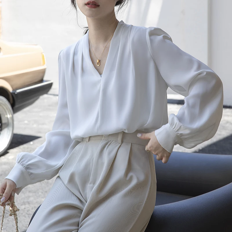 2025 New Elegant Satin Women's White Blouse Spring Autumn Long Puff Sleeve V-neck Casual Loose Office Workwear Shirts Female