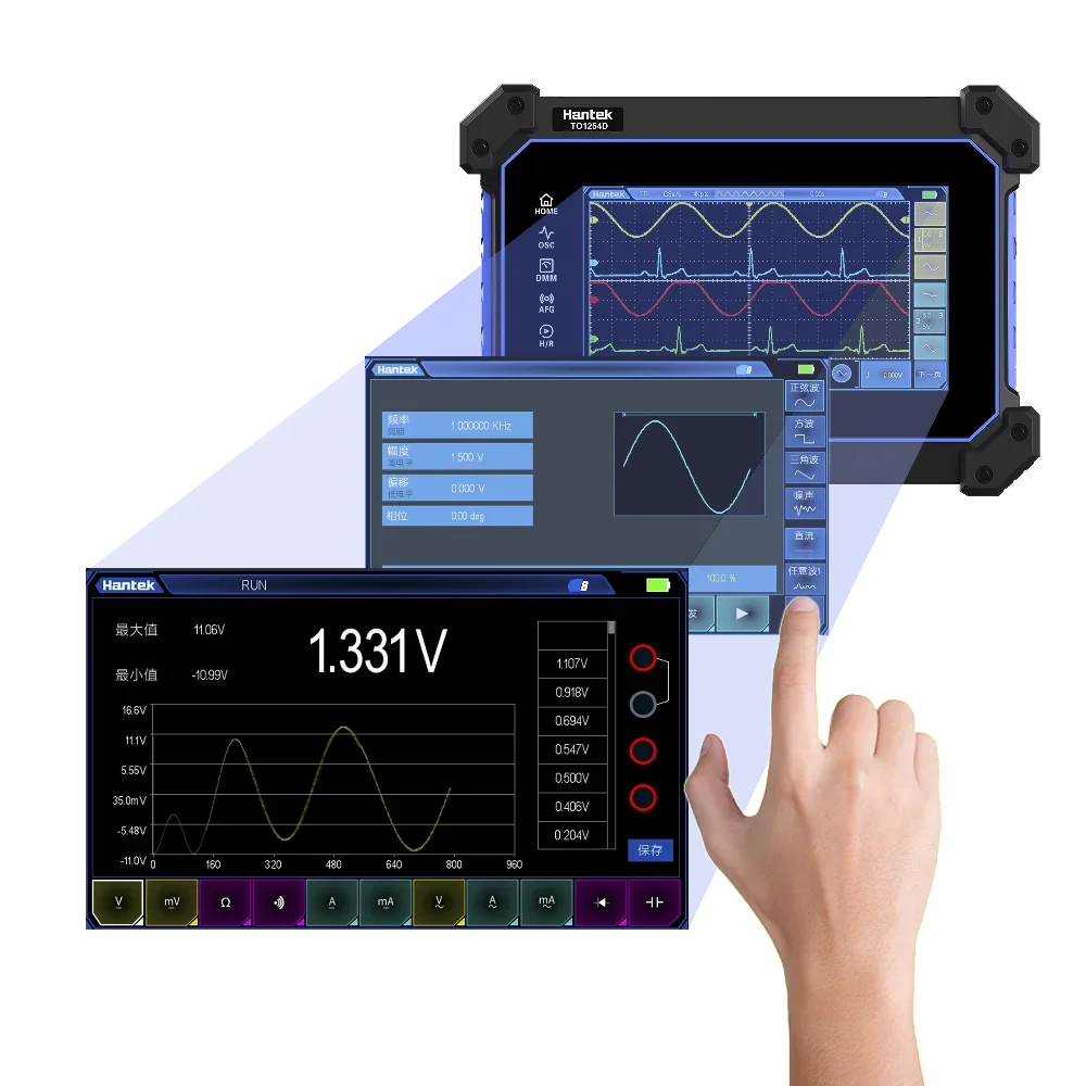 Hantek TO1112D Touch Screen Digital Oscilloscope 2 Channels 110Mhz Hanheld Osciloscopio + Signal Source +Multimeter