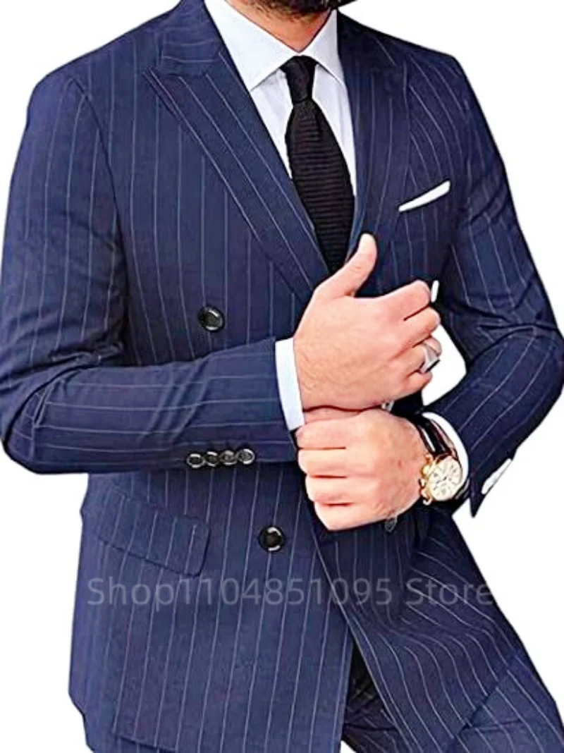

Handsome 2-Piece Men's Blue/Black Striped Suits Formal Business Suits Double Breasted Jacket with Pants Casual Groom Tuxedos