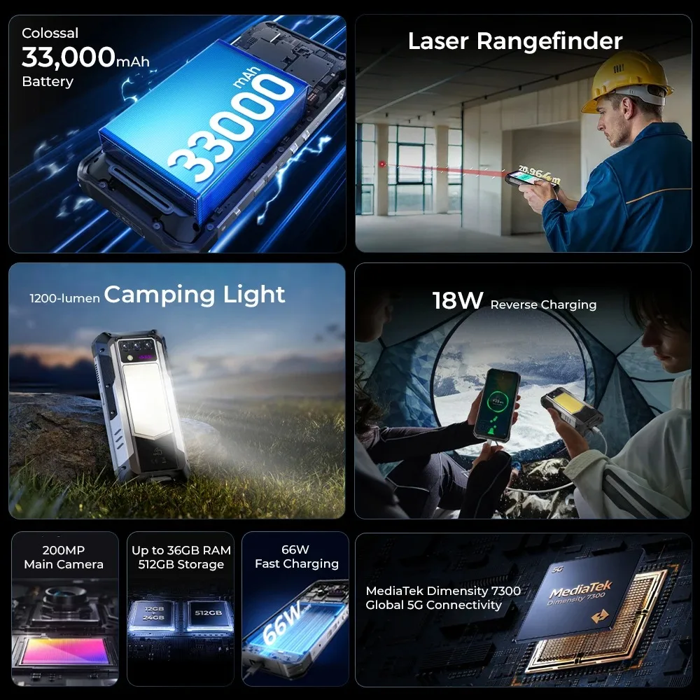 Oukitel WP100 Rugged 33000mAh 5G Smartphone 36(12+24)GB+512GB 66W Android14 Mobile Phone 6.8"FHD+ 200MP Camera Distance measurem