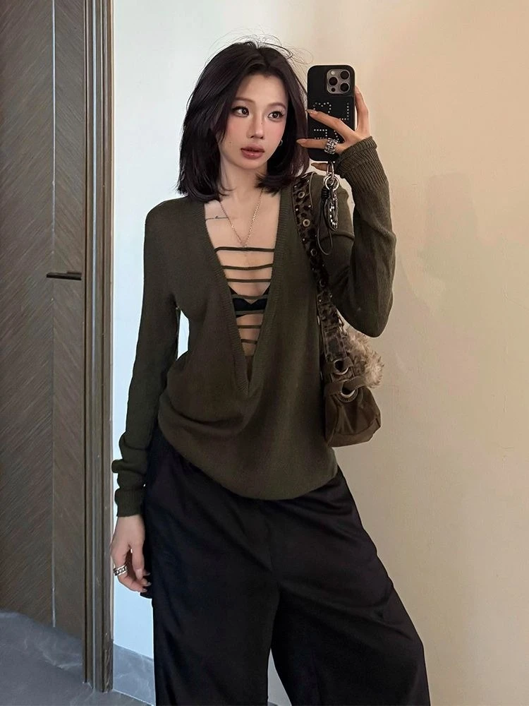 

2025 сексуальные осенние свитера с глубоким v-образным вырезом, Harajuku, гранж, однотонные джемперы, уличная одежда, вязаные женские винтажные пуловеры ​