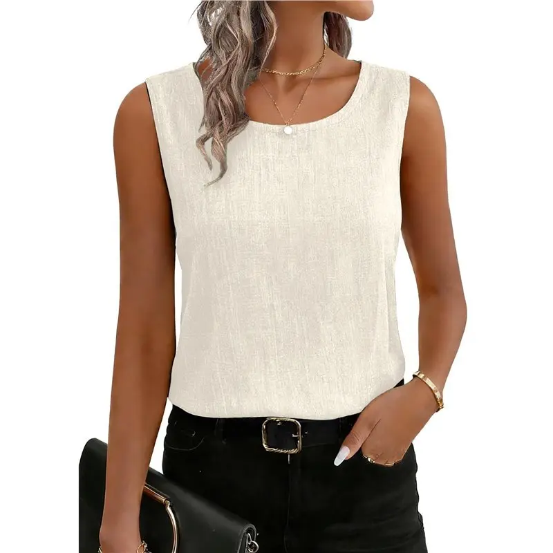 

NEW-Linen Tank Tops For Womens Lounge Wear Summer Sleeveless Crewneck Shirt Loose Fit Camisole Apricot Color XXL