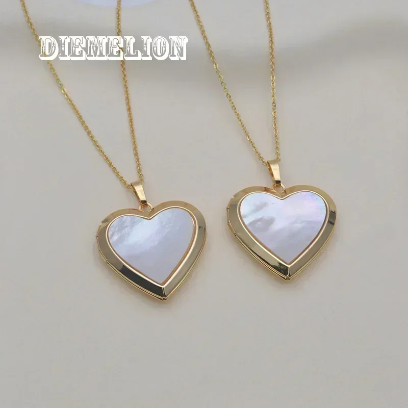 Romantic Heart Shape Natural MOP Shell Locket Pendant Necklaces for Women Openable Photo Frame Necklace Family Love Collar