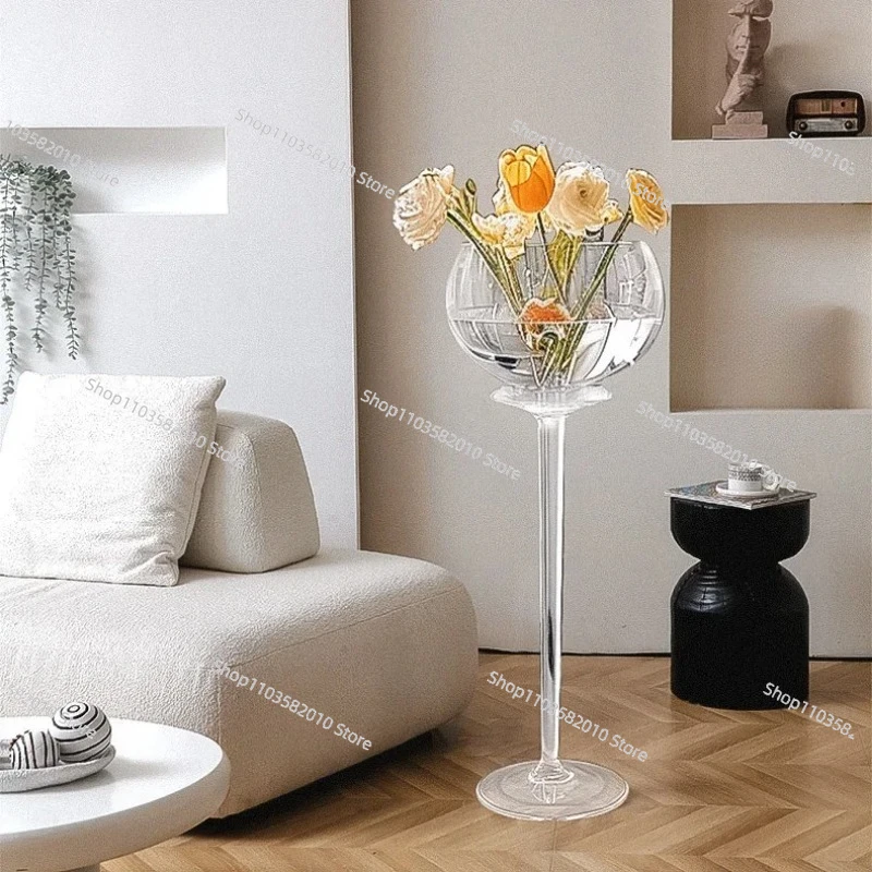 Large Goblet Style Glass Floor Vase, Tall Transparent Wine Glass Vase for Long Branch Living Room Ornament