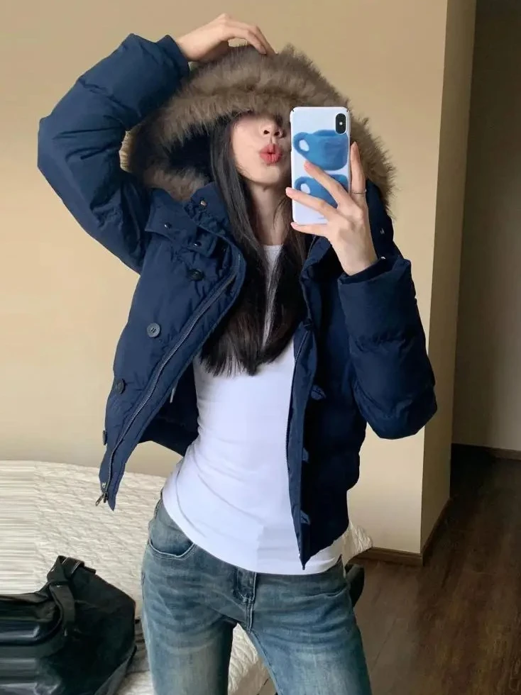 Thick Hooded Winter Jacket, Women‘s Short Single Breasted Coat, Korean 2025 New Long Sleeve Puffer, Blue Casual Chic