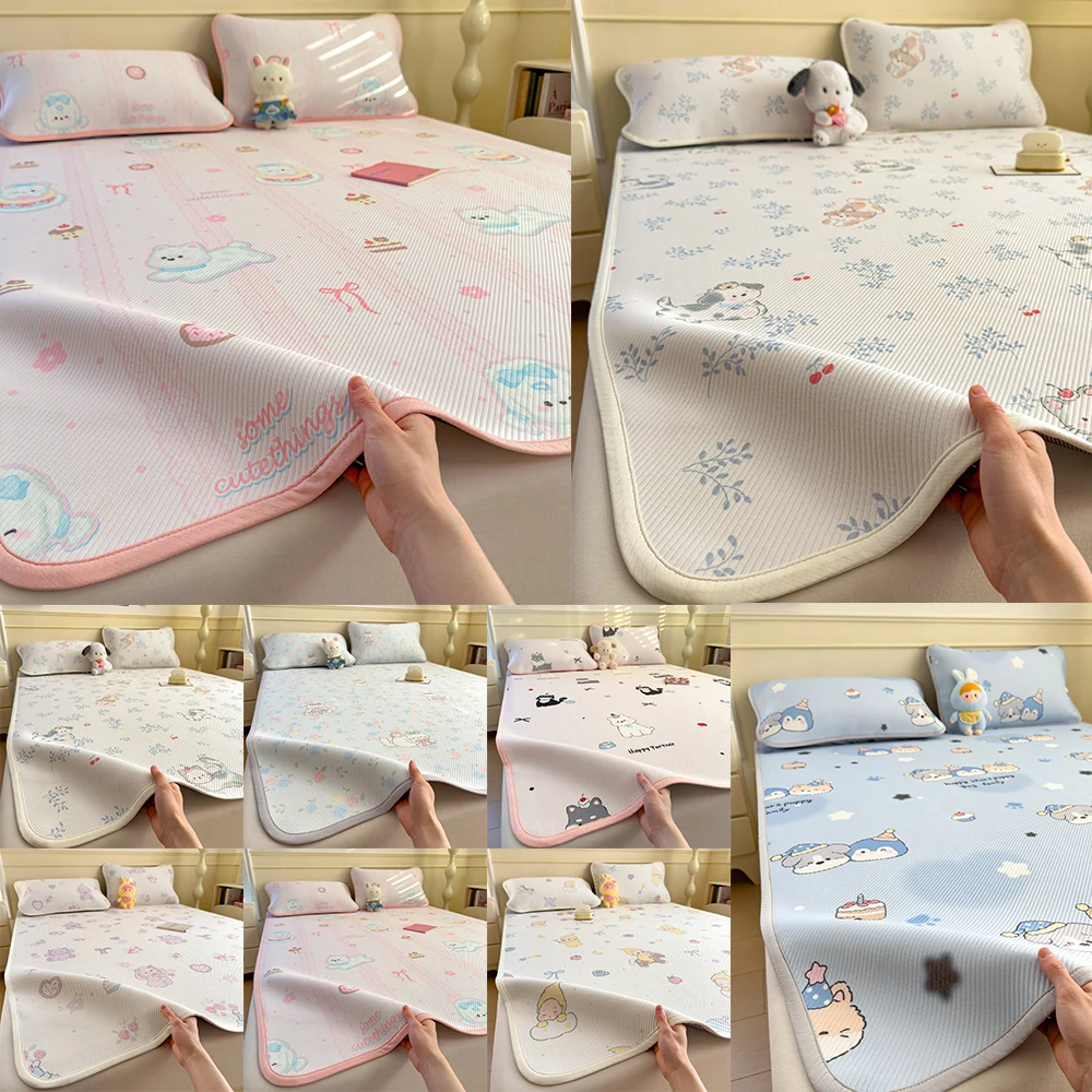 2026 New Ice Silk Mat Summer Bedding 3 Piece Set Non Slip Washable Breathable Cooling Mat Soft Bed Sheet Bedroom Decor  여름 3종 세트