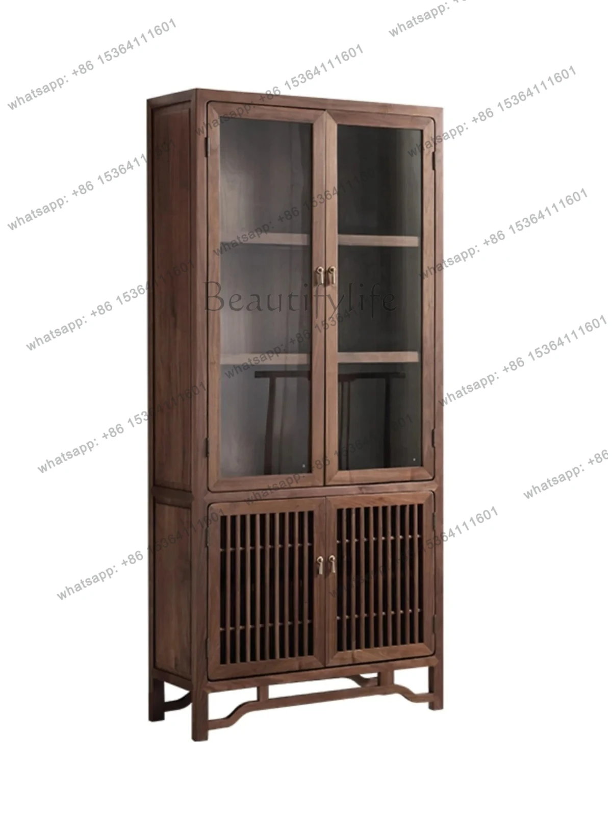 new Chinese walnut bookcase glass solid wood display wine cabinet zen storage storage