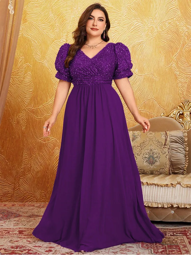 Plus Size V-Neck Sequined Chiffon Sparkling Floor-Length Evening Dress 4xl 5xl Big Size Chiffon Bridesmaid Evening Dress Women