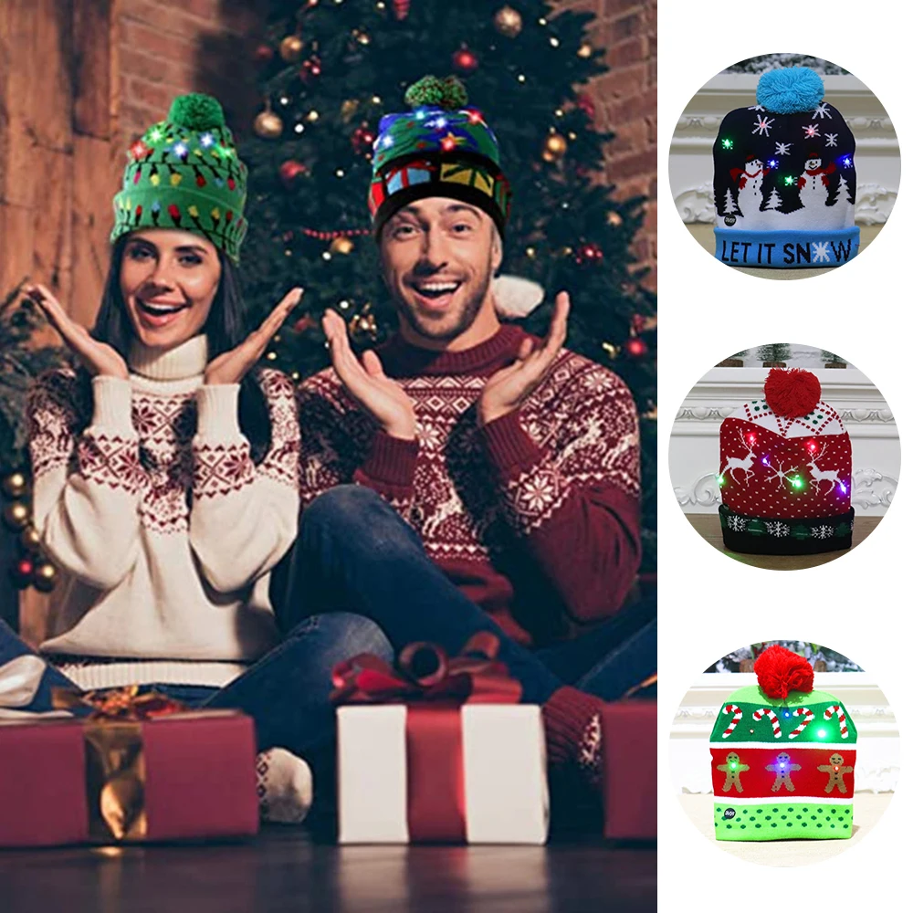 Glowing Christmas Knit Hat Birthday Halloween Christmas Christmas Tree Gingerbread Man Decor Winter Warm Wind Proof Caps