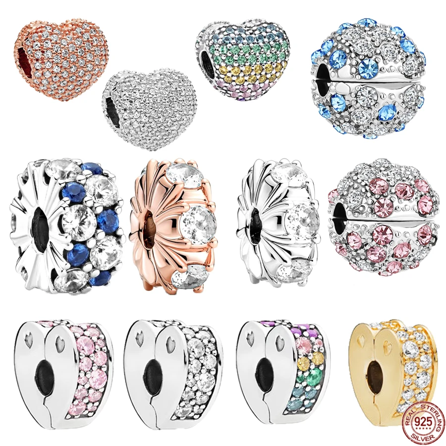 Hot Sale 925 Sterling Silver Sparkling Heart-Shaped Circular Clip Charm Beads Fit Original Pandora Bracelet Jewelry Fashion Gift
