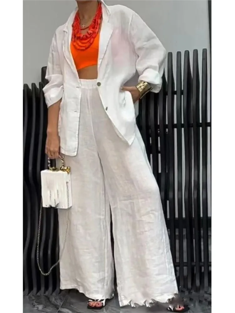 

Новая свободная куртка, широкие брюки, женский костюм, осенне-зимний модный элегантный повседневный белый офисный праздничный комплект из двух предметов, женская одежда