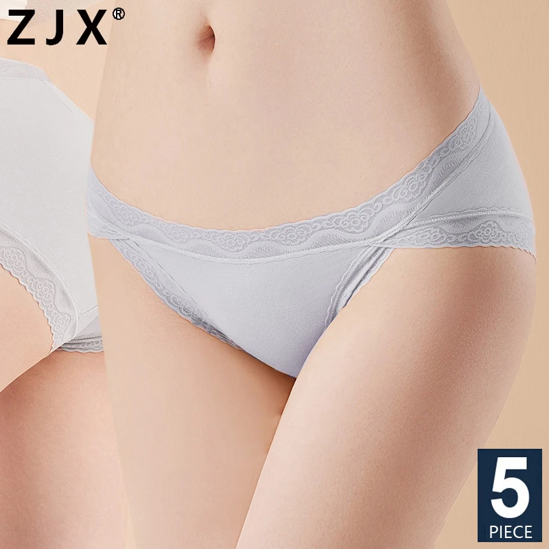 

ZJX 5Pcs Cotton Women Panties Breathable Underwear Young Girls Briefs Sexy Lace Ladies Solid Underpants Low Wais Female Lingerie