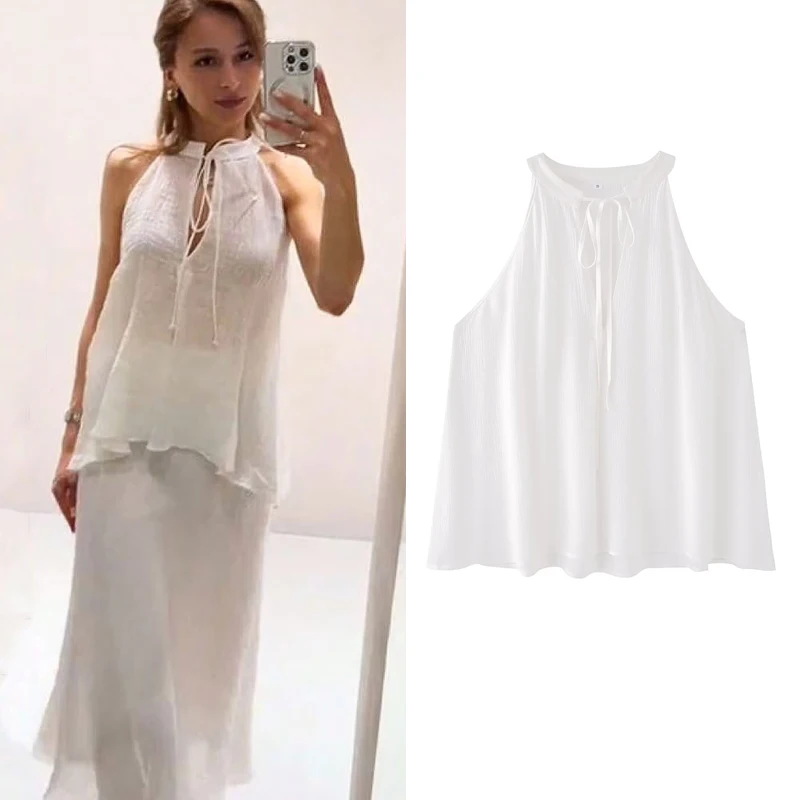 

Summer 2025 Women's Tops Women's Casual Style Pure Color Sleeveless Belted Vest Office Lady Linen Sexy Casual Thin Pullover Tops