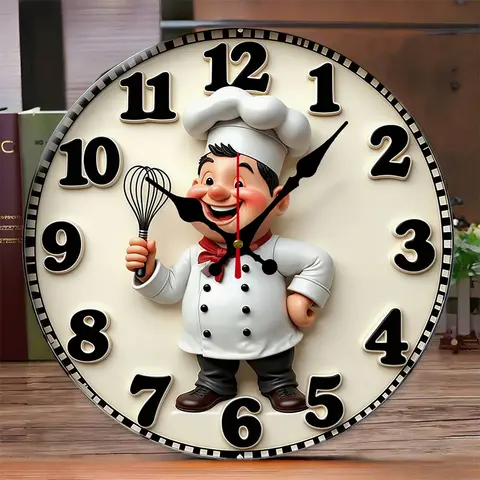 Happy Chef Kitchen Wooden Round Silent Hanging Wall Clock, Suitable For Living Room, Office, Study Room,Bedroom, Home Decoration
