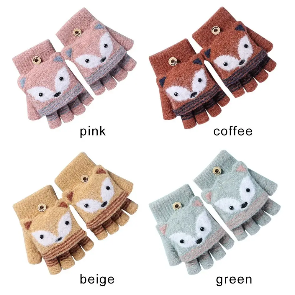 Autumn Winter Children Knitted Gloves Flip Fingerless Gloves Cute Cartoon Fox Warm Half-Finger Gloves