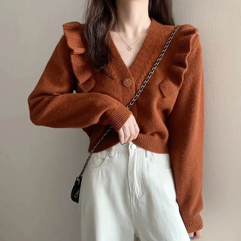 

Vintage Ruffles Knitted Cardigan Japanese Lazy Wind Patchwork Women Cropped Sweaters Fall Solid Slim Fit V Neck Long Sleeve Tops