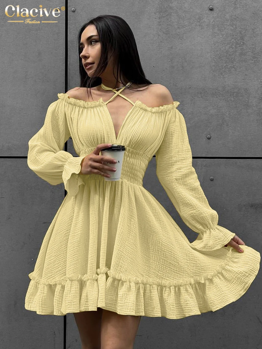 

Clacive Fashion Loose Yellow Cotton Women's Dress 2025 Sexy Halter Long Sleeve Mini Dresses Elegant High Waist Female Dress