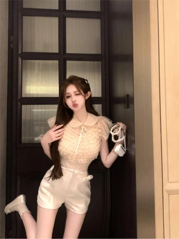 قميص شيفون نسائي بأكمام قصيرة وقصة ضيقة وربطة على شكل فراشة وياقة عصرية وأكمام طائرة للخريف #3