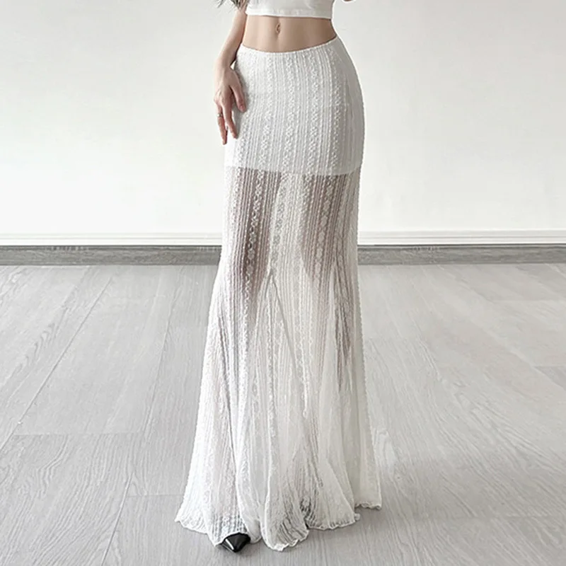Y2K Fishtail Skirt French Lace European American Style Perspective Low Waist Loose Pure Desire Summer Skirt
