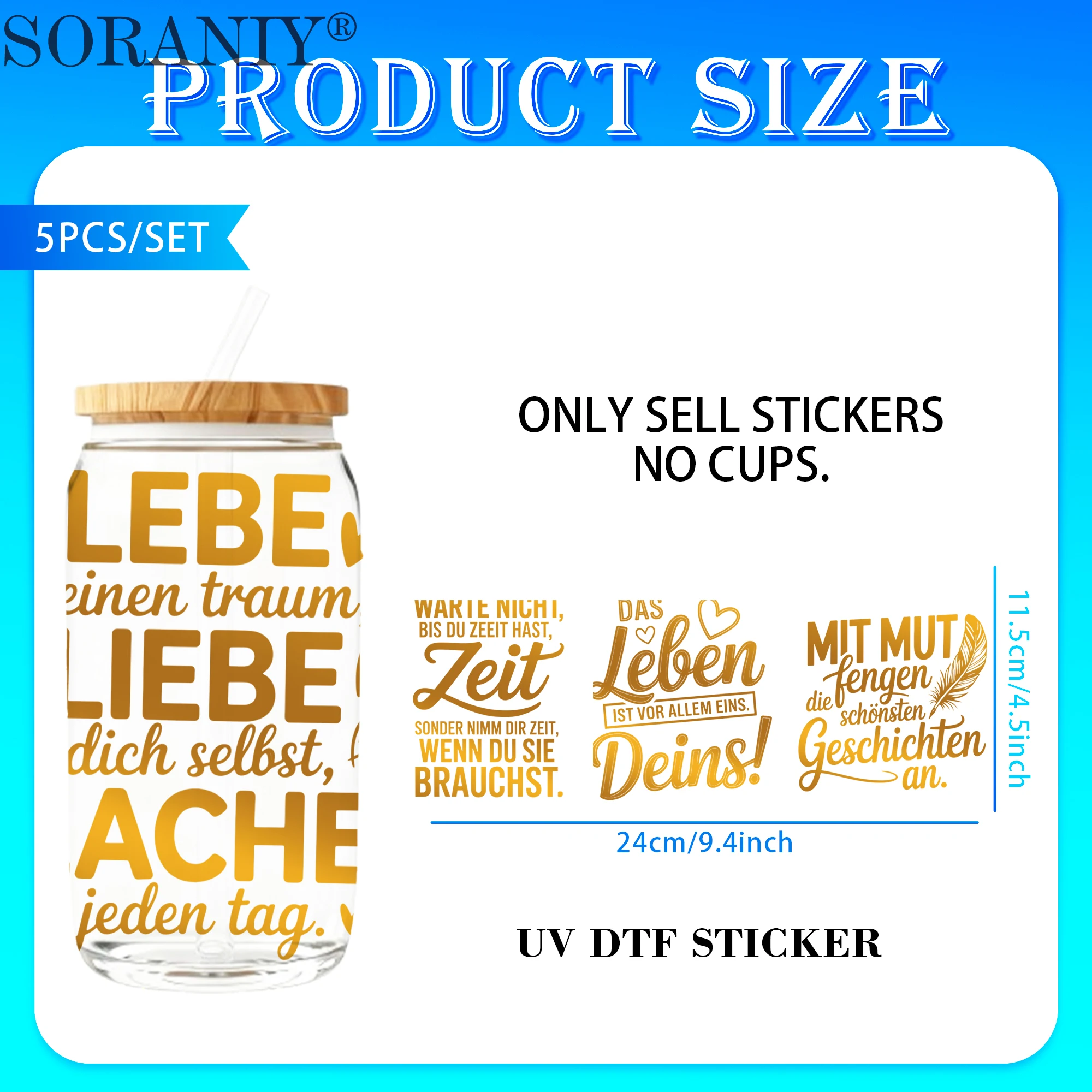 UV DTF 16OZ DIY Transfer Stickers - 5 Pieces/Set Golden Text German Inspirational Quotes Theme 16 Oz Glass Jar Packaging Transfe