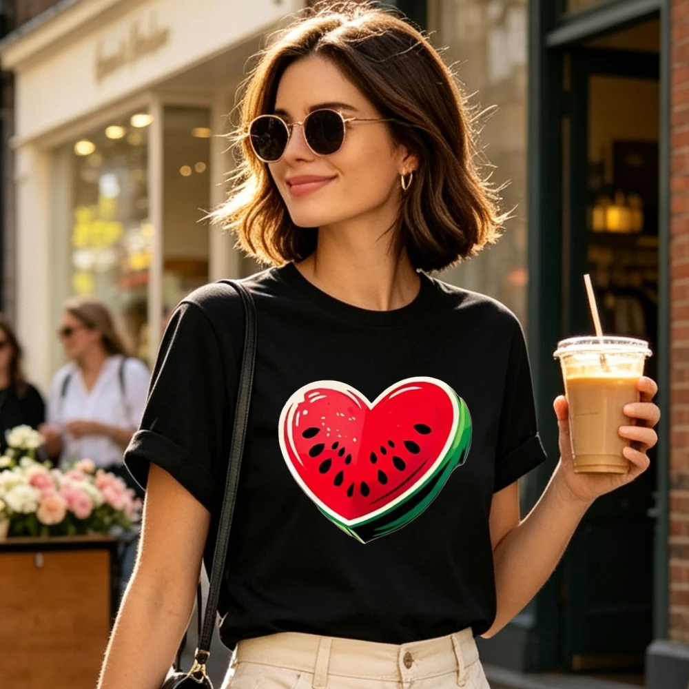 with HeartShaped Watermelon Print Casual RoundNeck Top for Womeni01Casual Crew Neck Top Comfortable Women's Wear