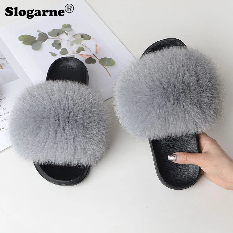 Summer Faux Fox Fur Slippers Fuzzy Fur Slides Women Fluffy Sandals Indoor Outdoor Ladies Shoes Woman Slippers Furry Flip Flops