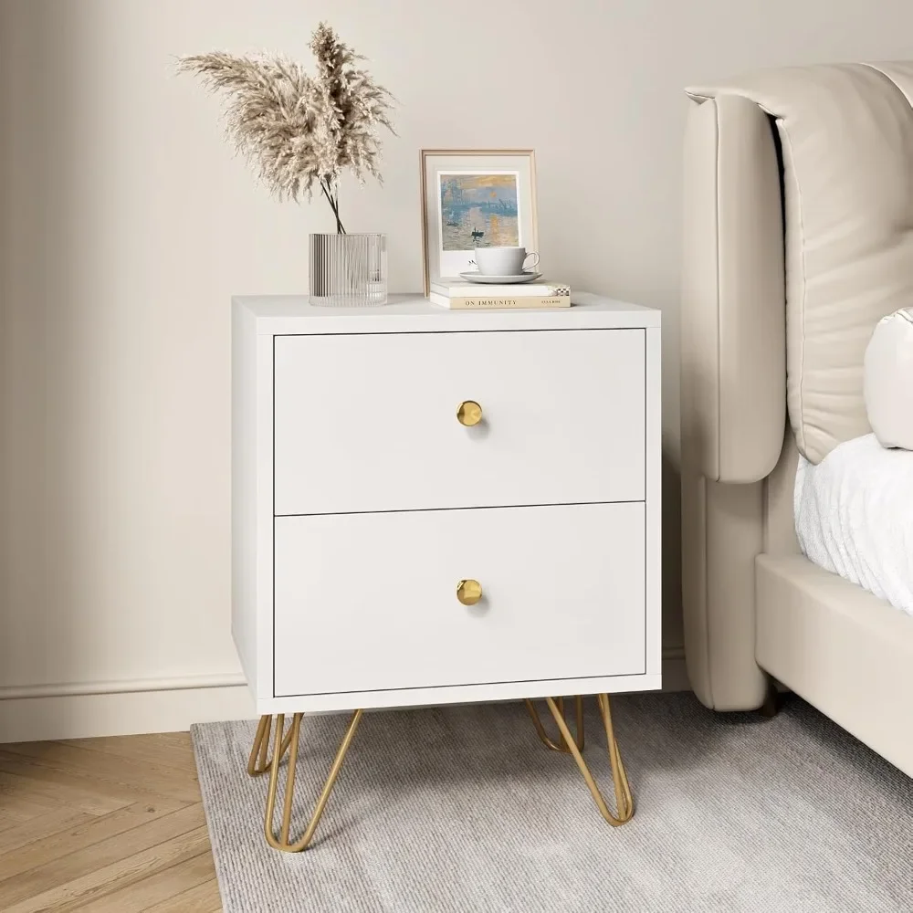 

White Nightstand Set of 2, White and Gold Night Stand with 2 Drawers, Modern End Table with Metal Legs and Gold Handles