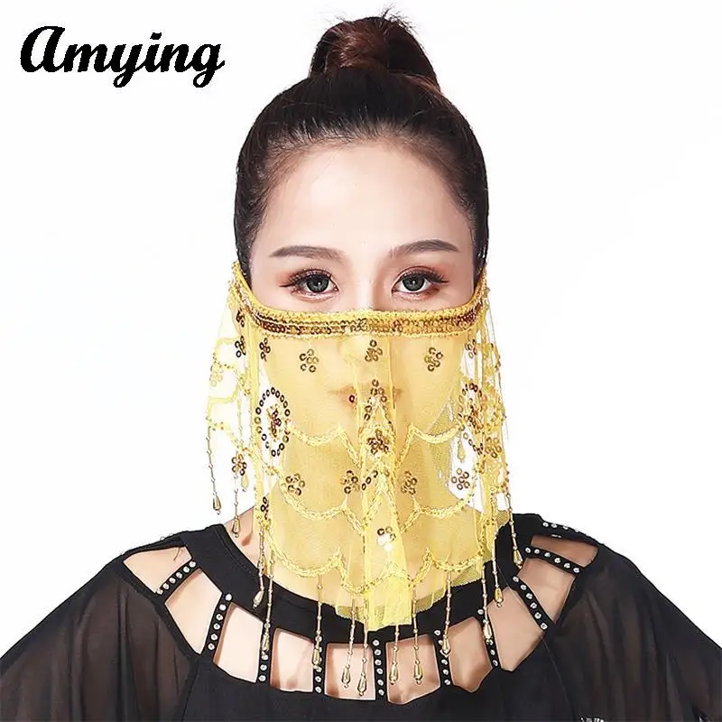 Belly Dance Veil Dance Adult Lady Face Wrap Scarf Women Stage Performance Tassel Veil India Dance Face Accessories Mesh Sequin