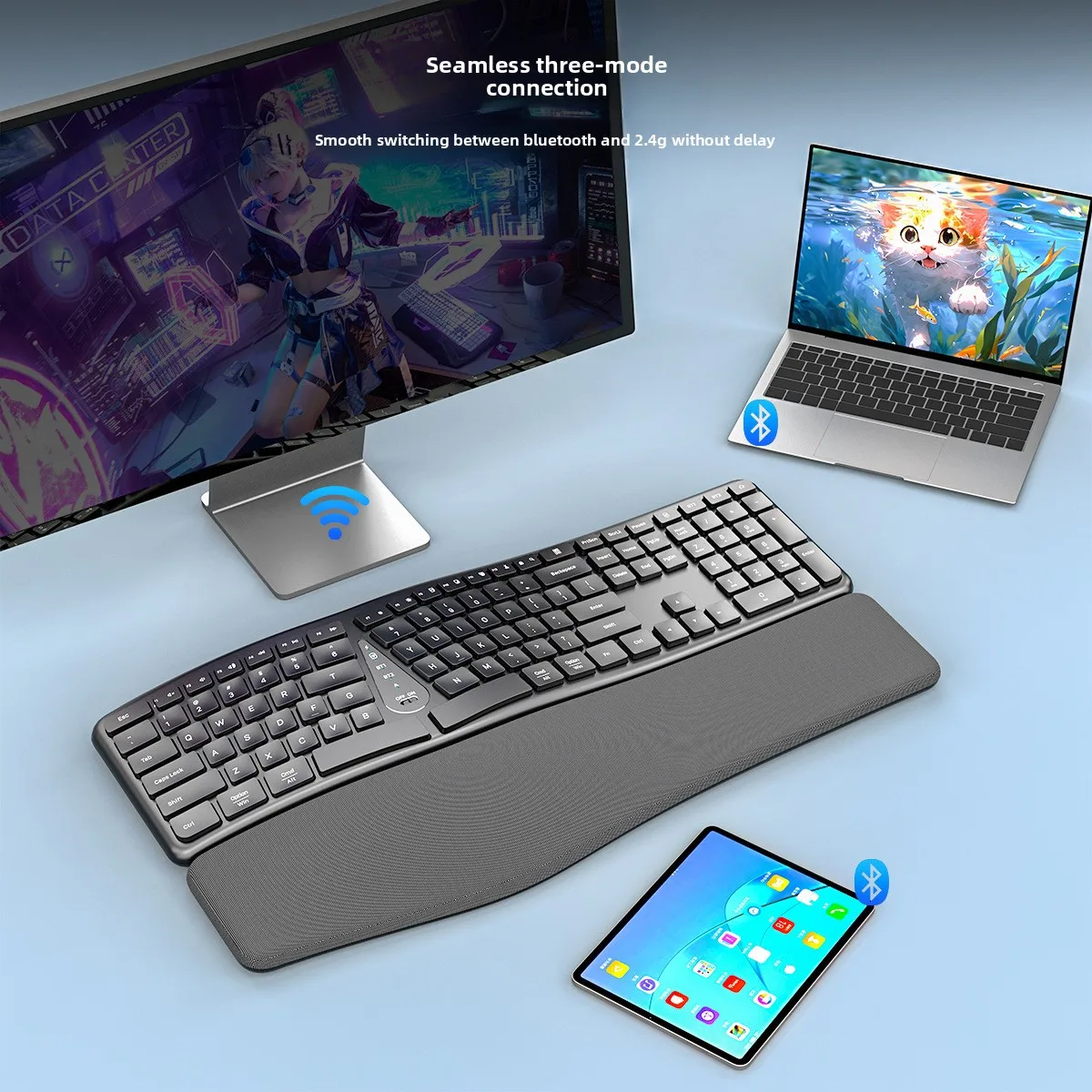 

Wireless Bluetooth three-mode ergonomic keyboard multi-system rechargeable office silent mute keyboard