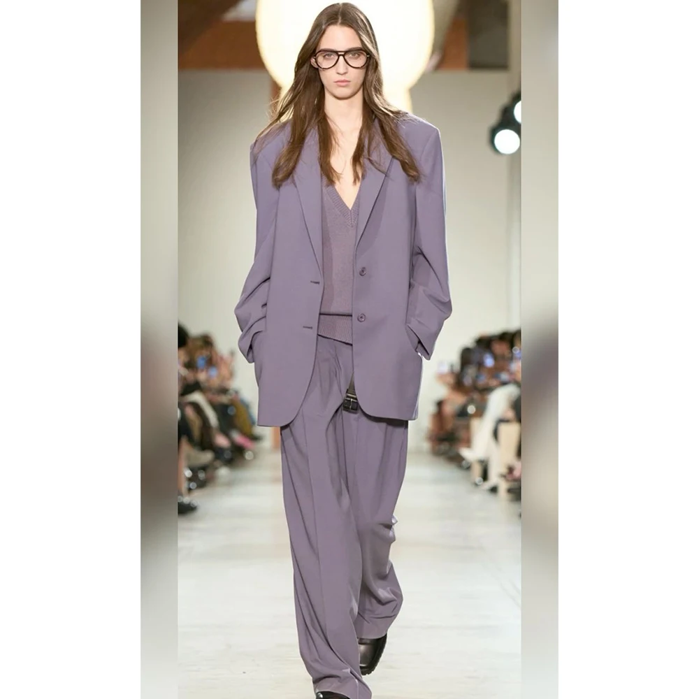 

Relaxed Grayish Purple Women's Single-Breasted Suit 2 Piece Jacket Pants Set Notch Lapel Loose Fit Office Casual Female Outfits
