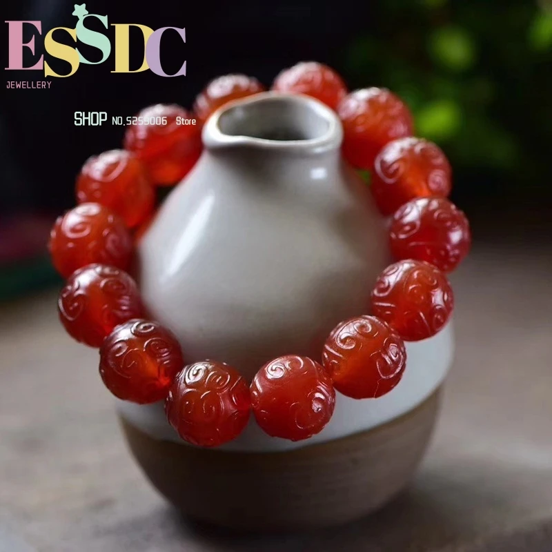 

100% реальный нефритовый браслет ручной работы с цветком красным агатом подлинный мужской женский 15 мм рубиновые бусинки