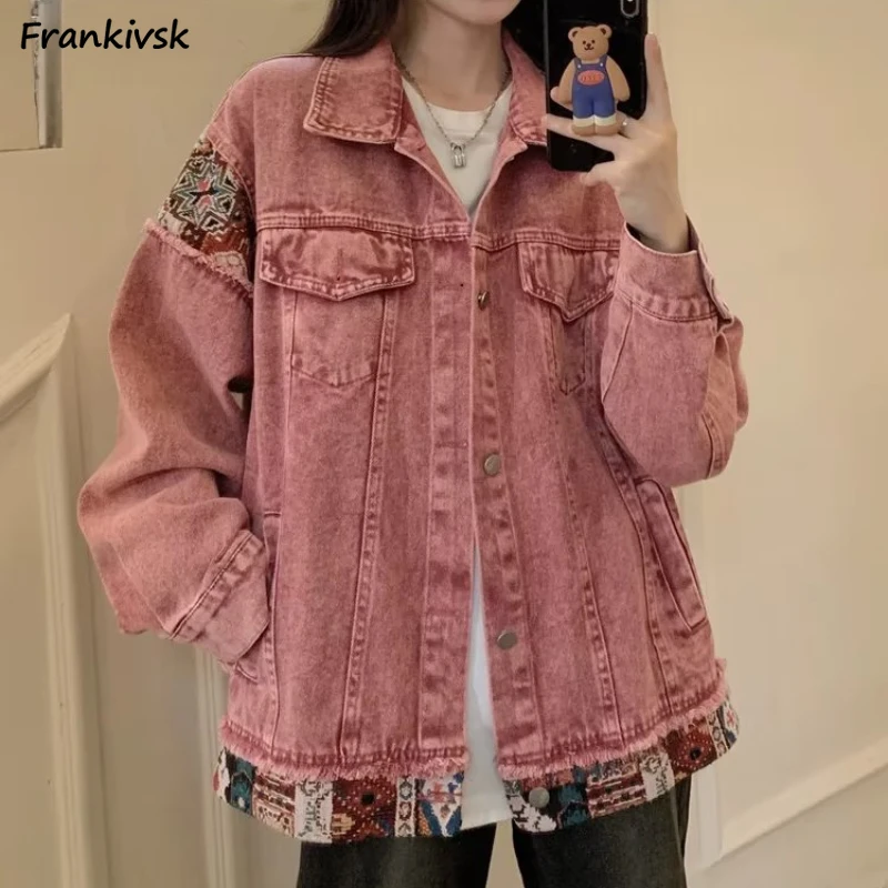 

Denim Jackets Women American Retro High Street Patchwork Contrast Color Turn-down Collar Multi Pockets All-match Autumn Outwear