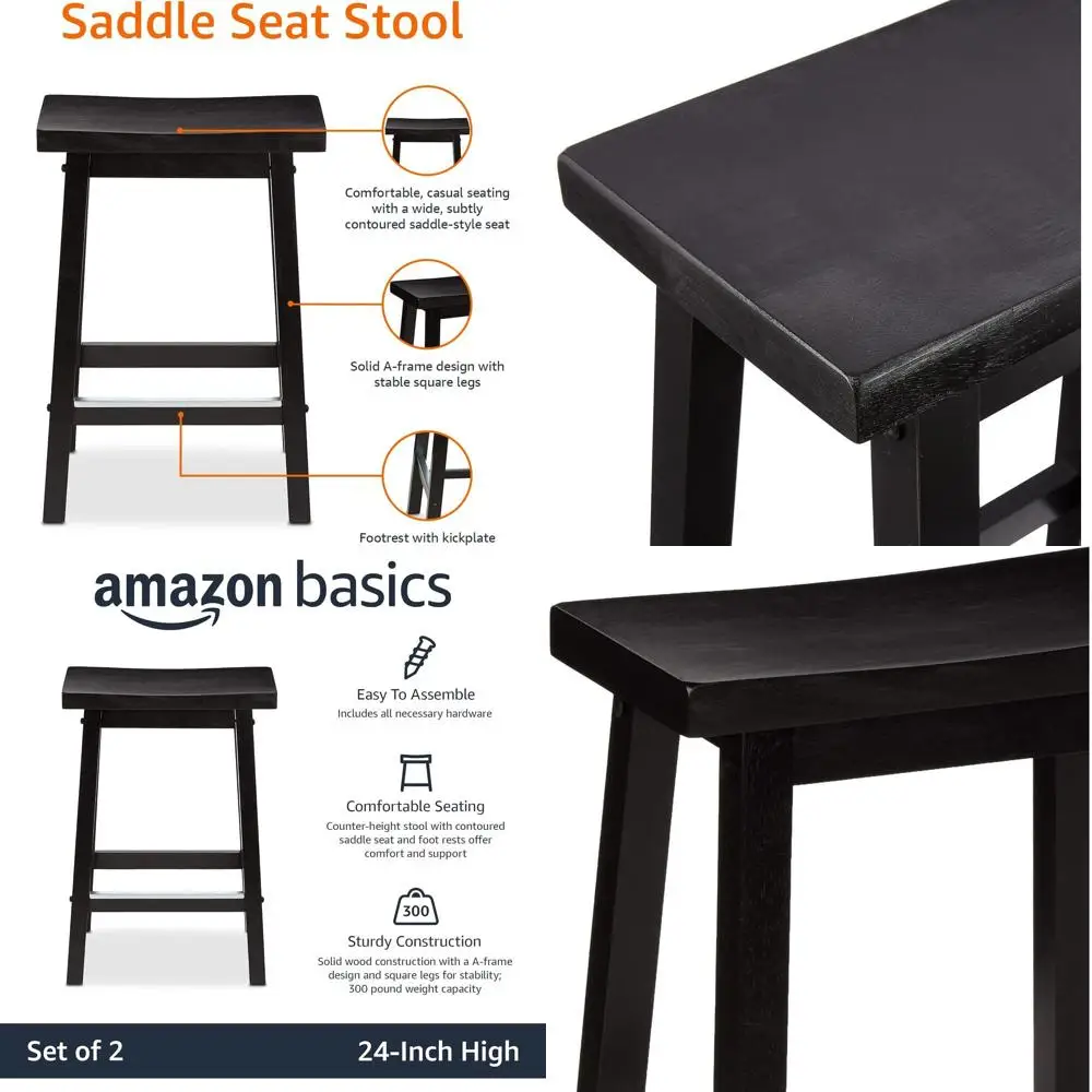 

Black 24-Inch Solid Wood Bar Stools with Footrests, Easy Assembly, Set of 2